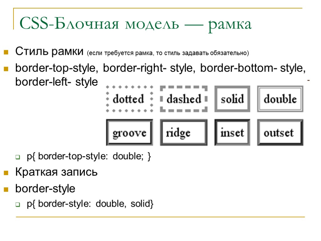 Стиль рамки (если требуется рамка, то стиль задавать обязательно) border-top-style, border-right- style, border-bottom- style,